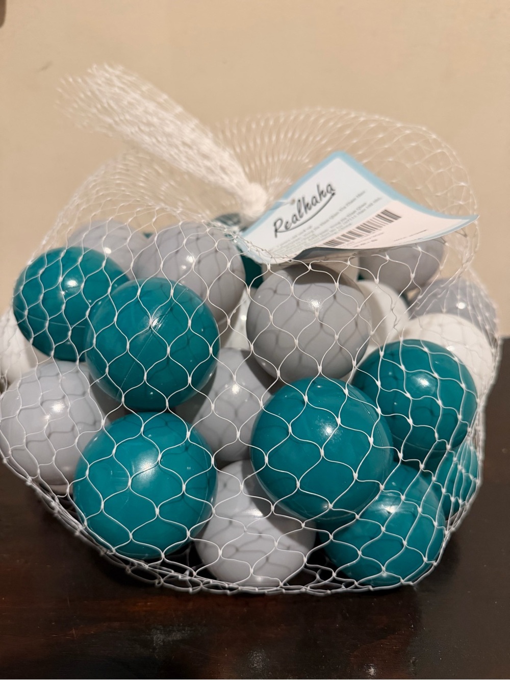 Teal Gray & White Ball Pit Balls + Mesh Storage Bag